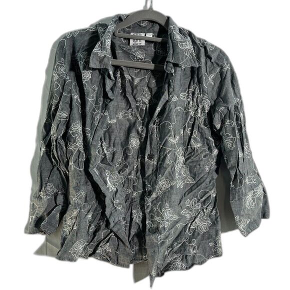 Vintage Ninety 90 Black Floral Rose Stitched Shirt Long Sleeve Button Up M - Picture 1 of 8